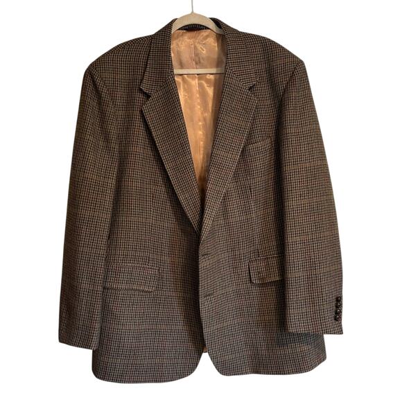 VTG Brown Houndstooth 100% Lambswool Blazer Mens Sz 50 Single Breasted Academia - Picture 1 of 16